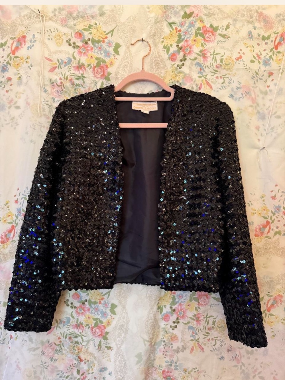 Vintage 80s Black Sequined Open-Front Women's Cropped Jacket
